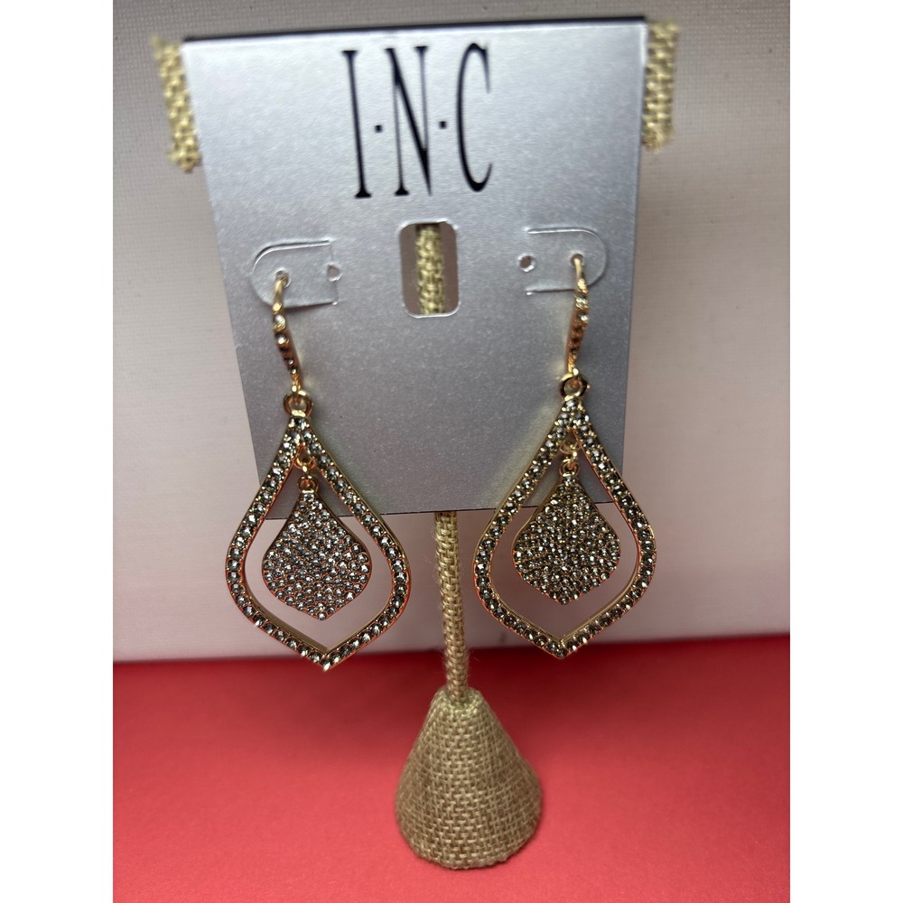 Earrings gold tone crystal pavé teardrop fish hook glam style New with Tags
